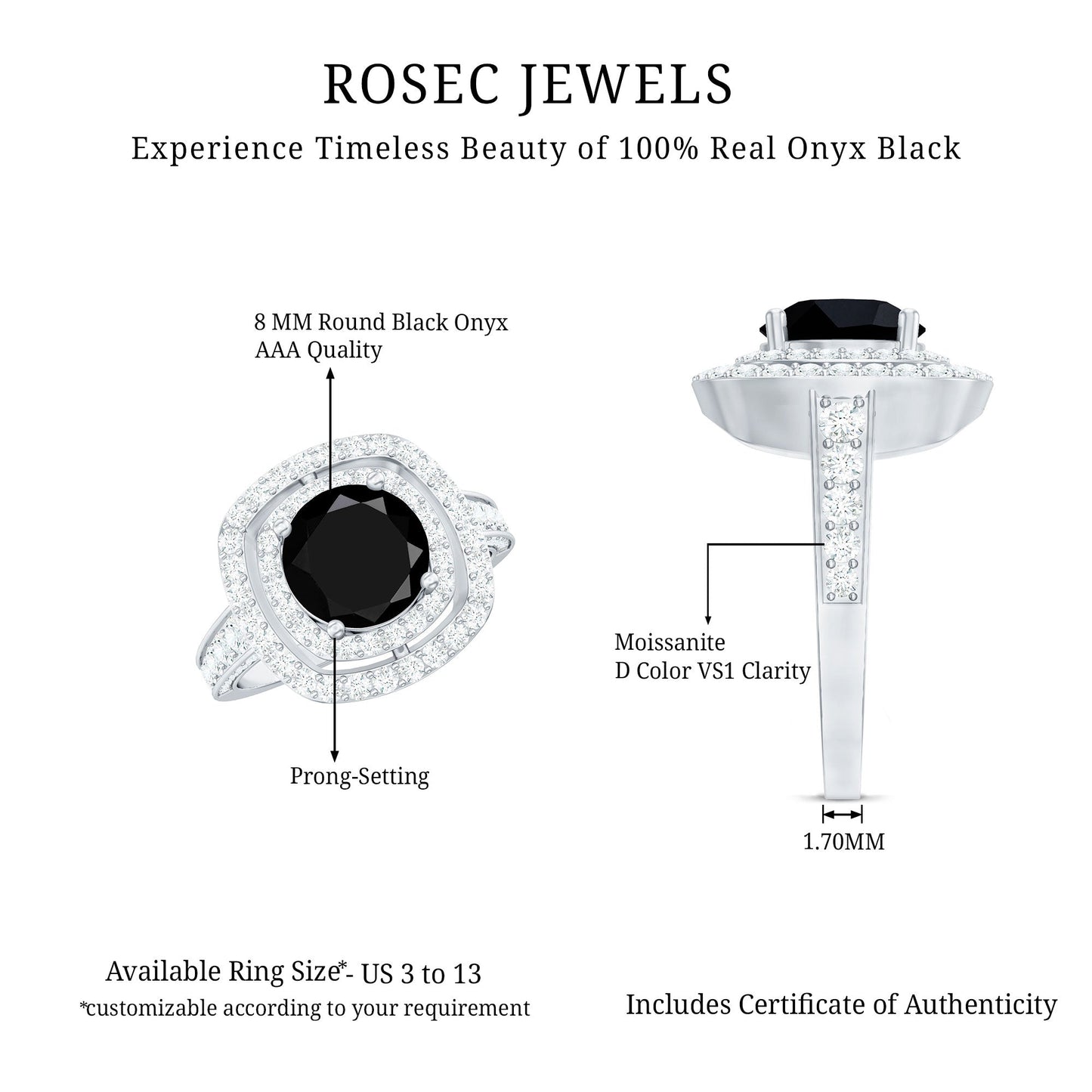 Certified 8mm Black Onyx Statement Engagement Ring with Diamond Double Halo