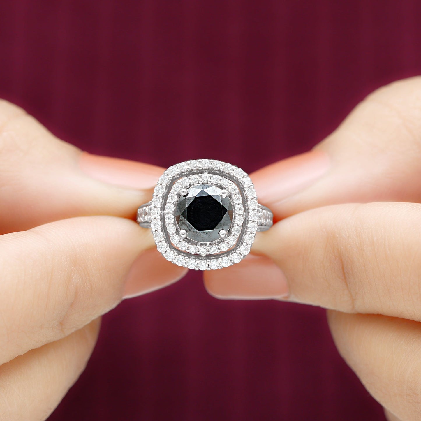 Certified 8mm Black Onyx Statement Engagement Ring with Diamond Double Halo
