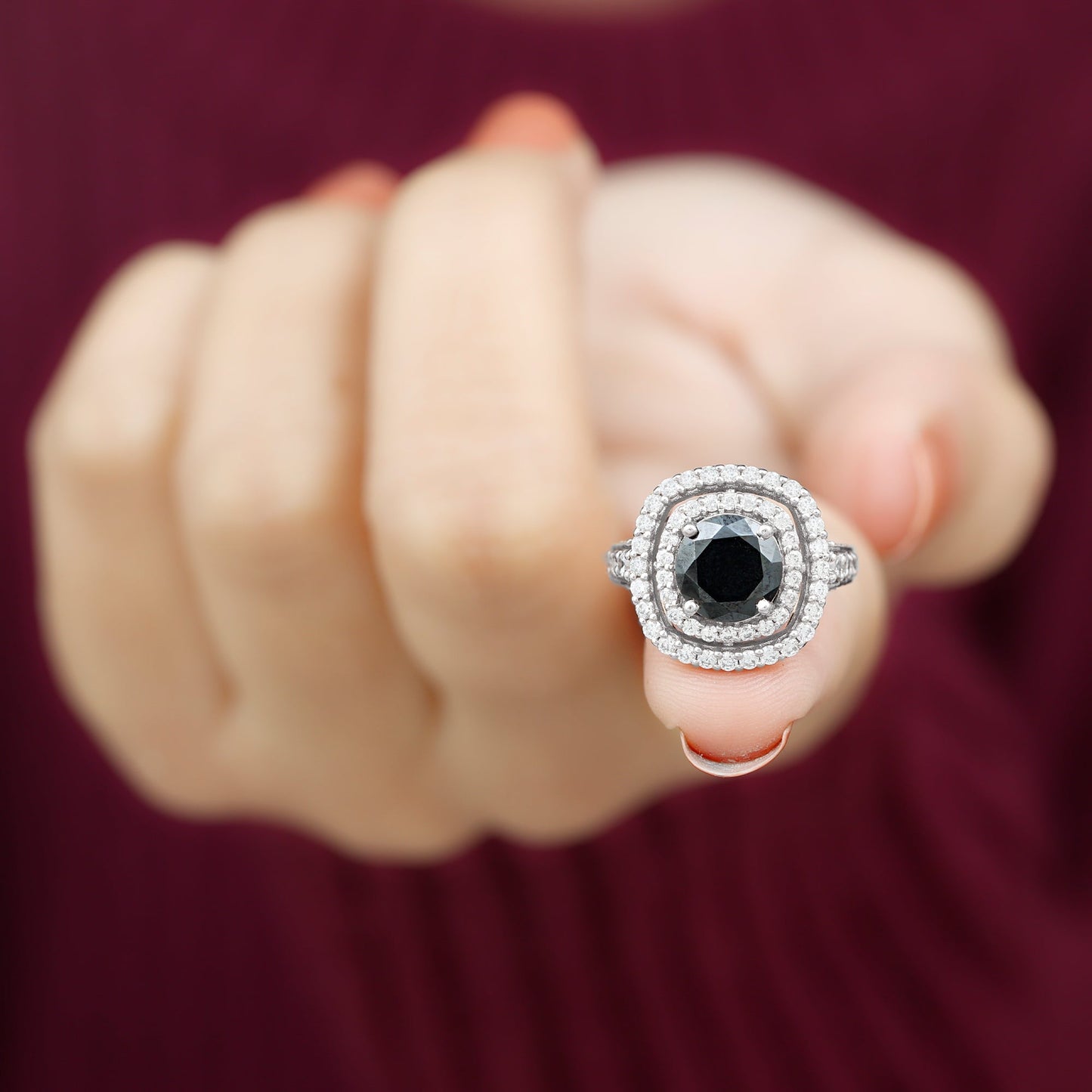 Certified 8mm Black Onyx Statement Engagement Ring with Diamond Double Halo