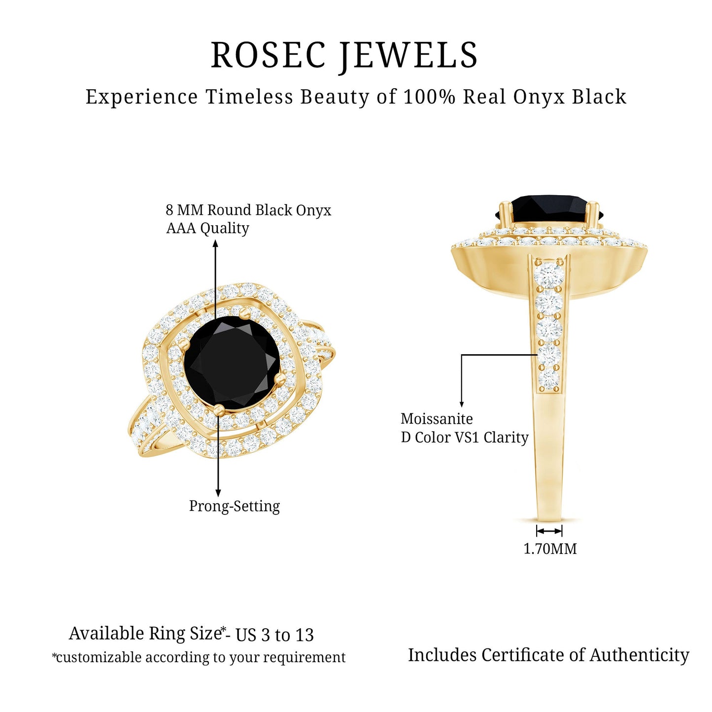 Certified 8mm Black Onyx Statement Engagement Ring with Diamond Double Halo