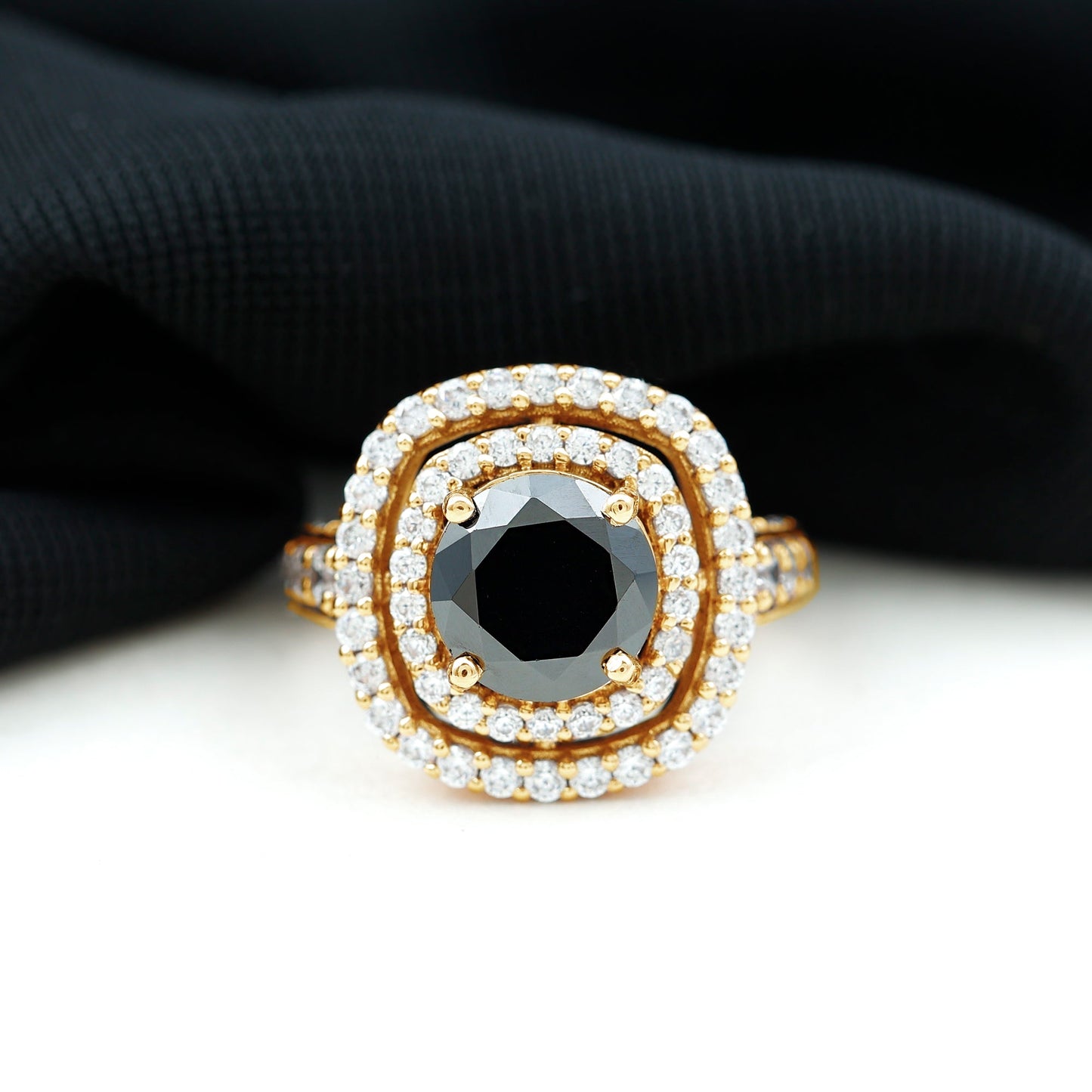 Certified 8mm Black Onyx Statement Engagement Ring with Diamond Double Halo