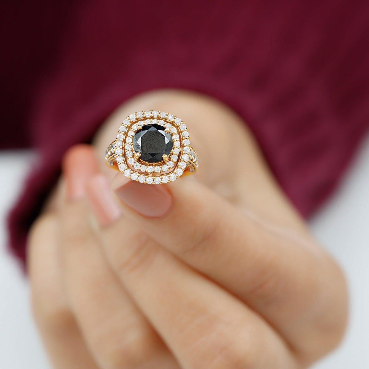 Certified 8mm Black Onyx Statement Engagement Ring with Diamond Double Halo
