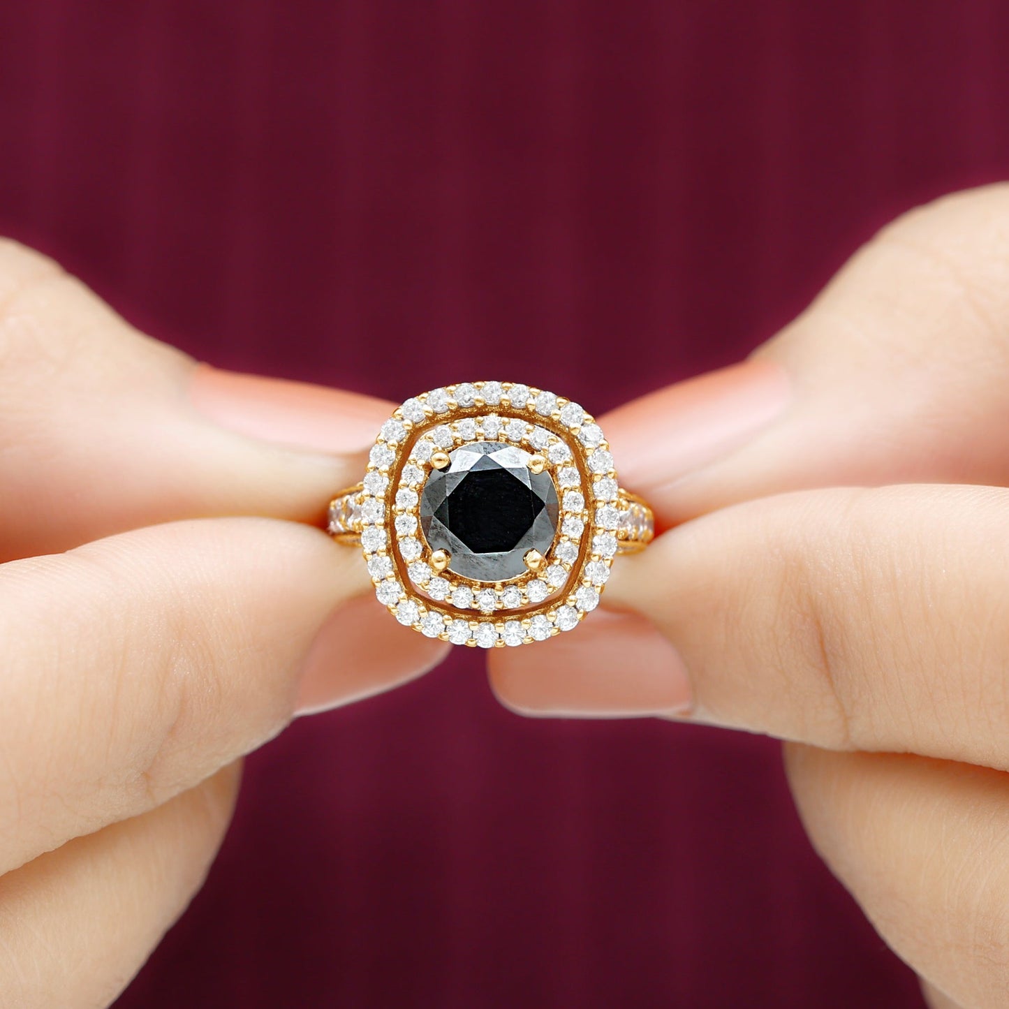Certified 8mm Black Onyx Statement Engagement Ring with Diamond Double Halo