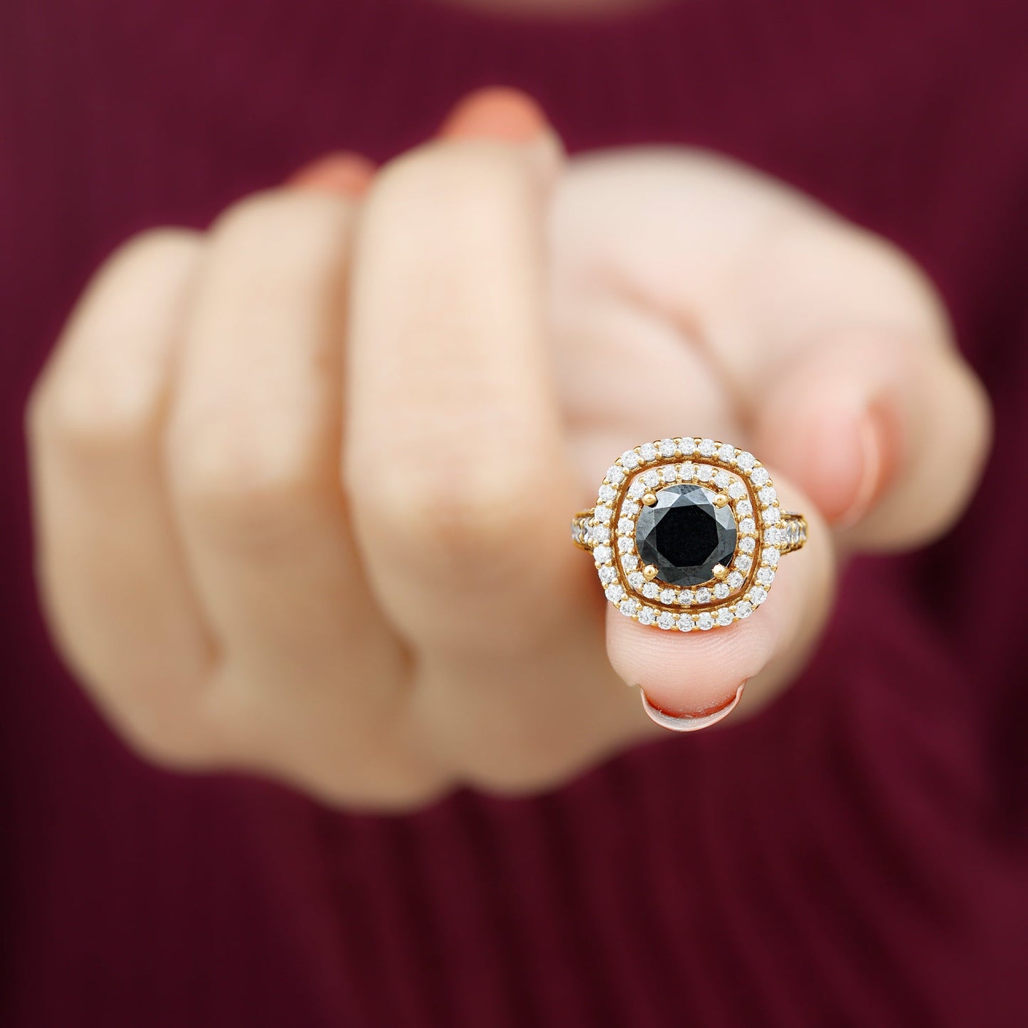 Certified 8mm Black Onyx Statement Engagement Ring with Diamond Double Halo