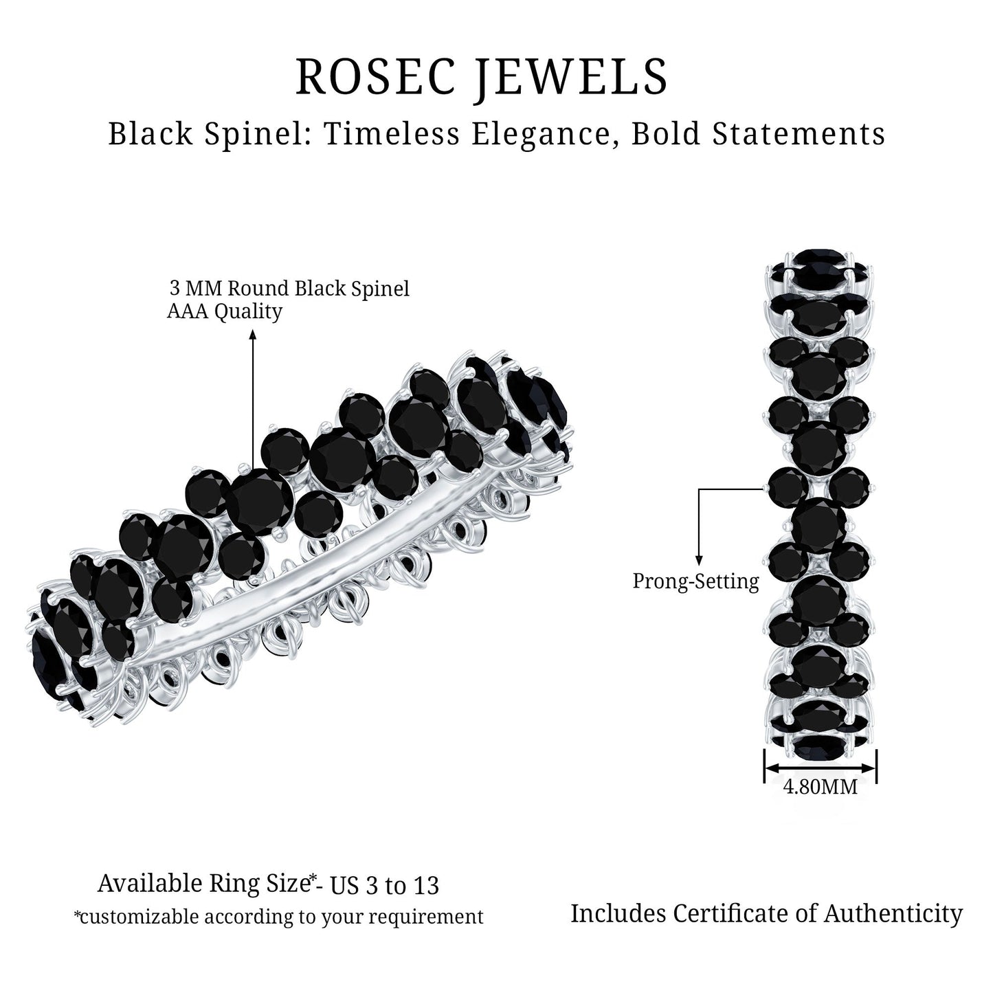 Certified Black Spinel Eternity Band Ring for Women