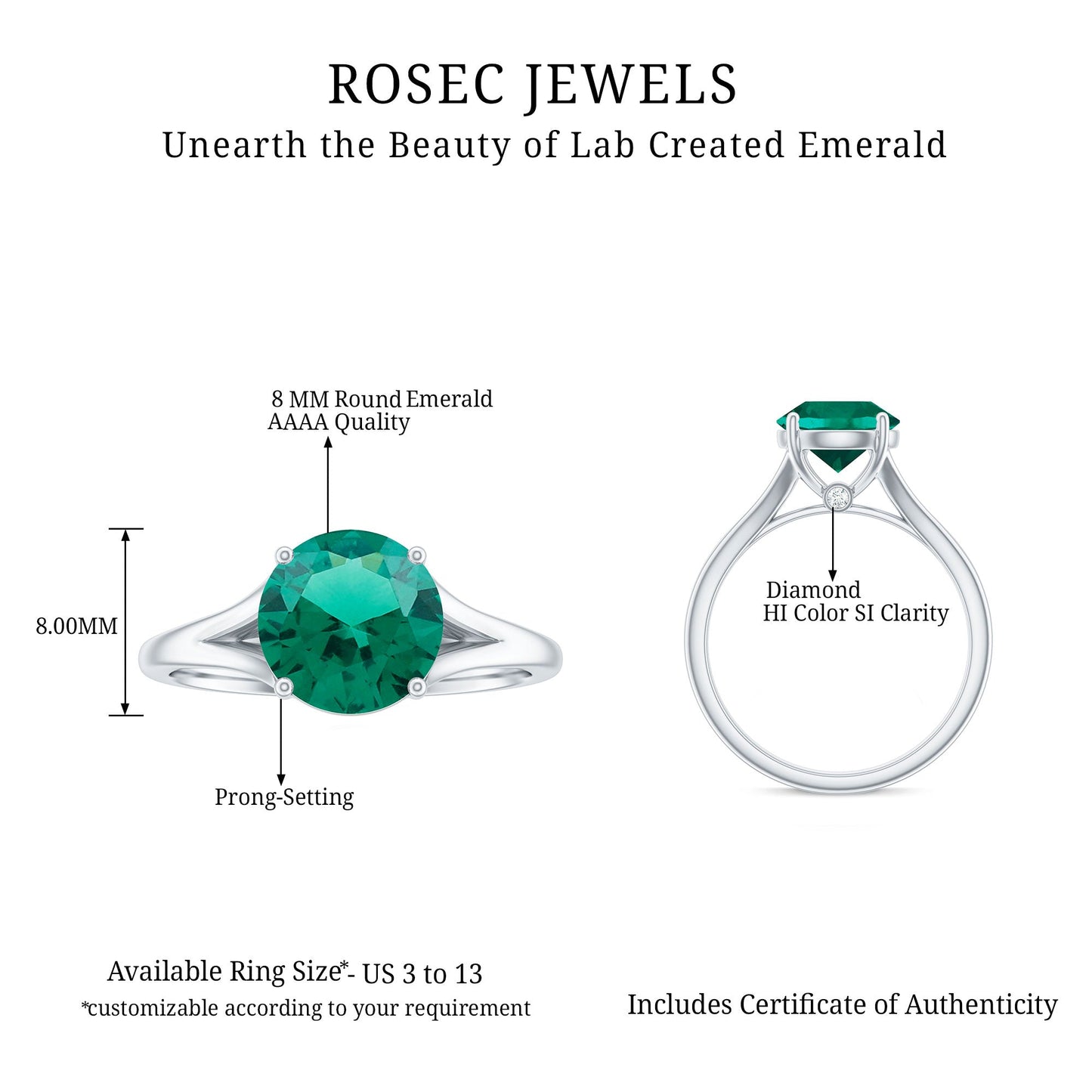Certified 8mm Lab Grown Emerald Engagement Ring with Diamond