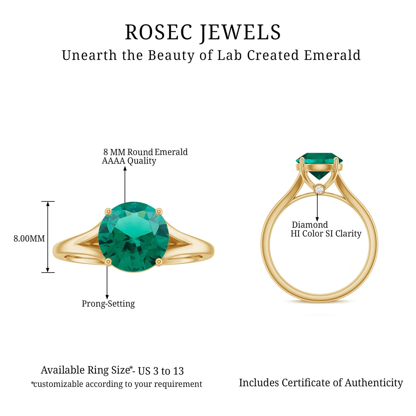 Certified 8mm Lab Grown Emerald Engagement Ring with Diamond