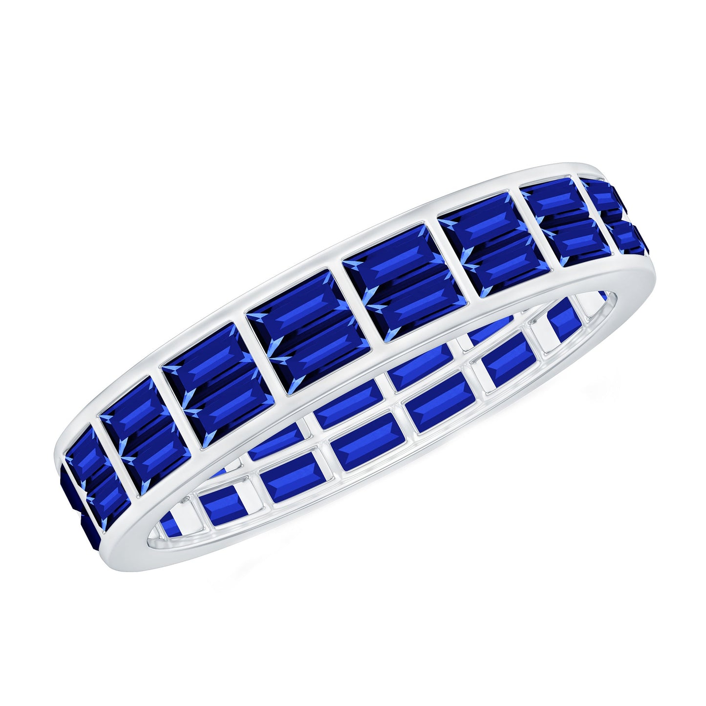 Baguette Cut Lab Created Blue Sapphire Double Row Wedding Band