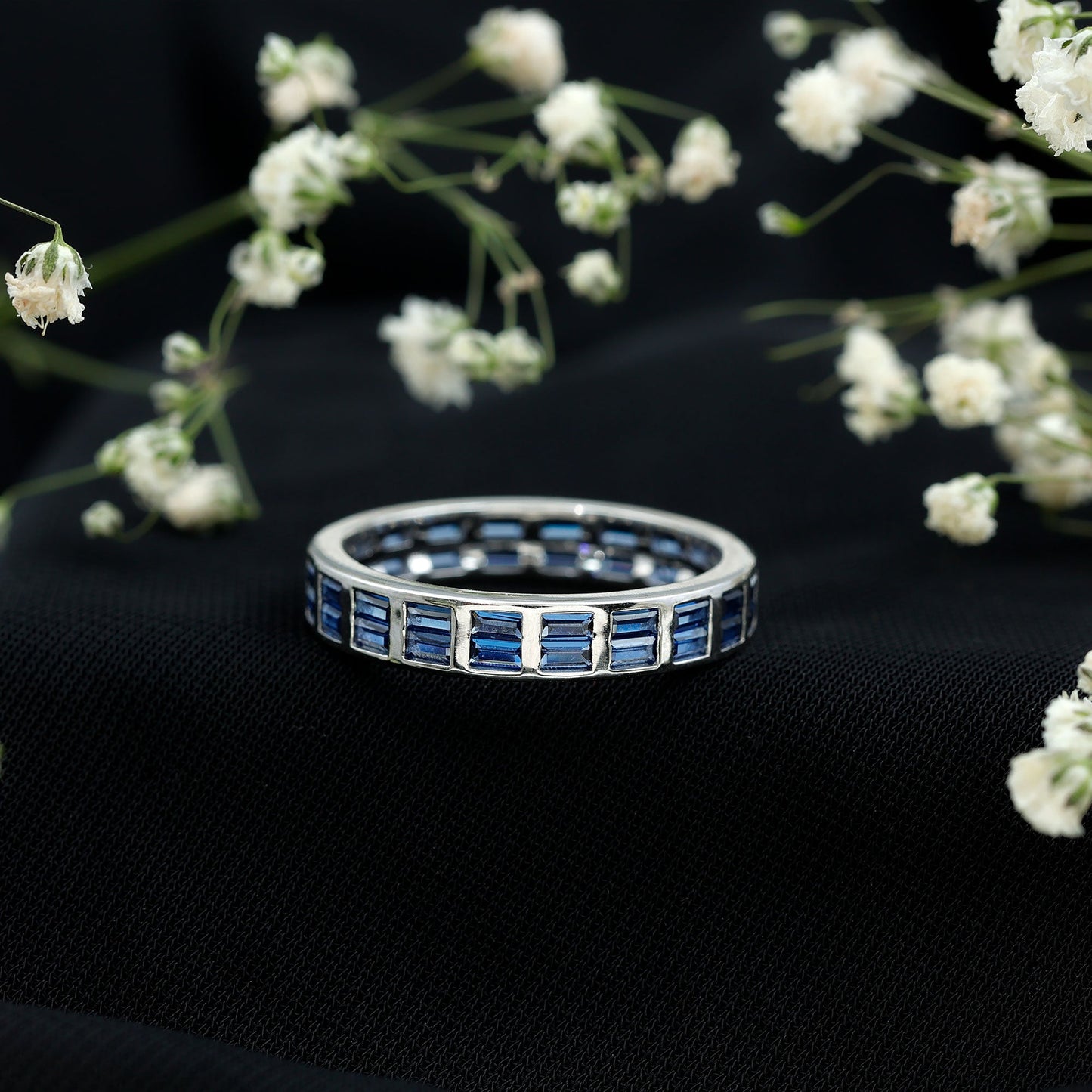 Baguette Cut Lab Created Blue Sapphire Double Row Wedding Band