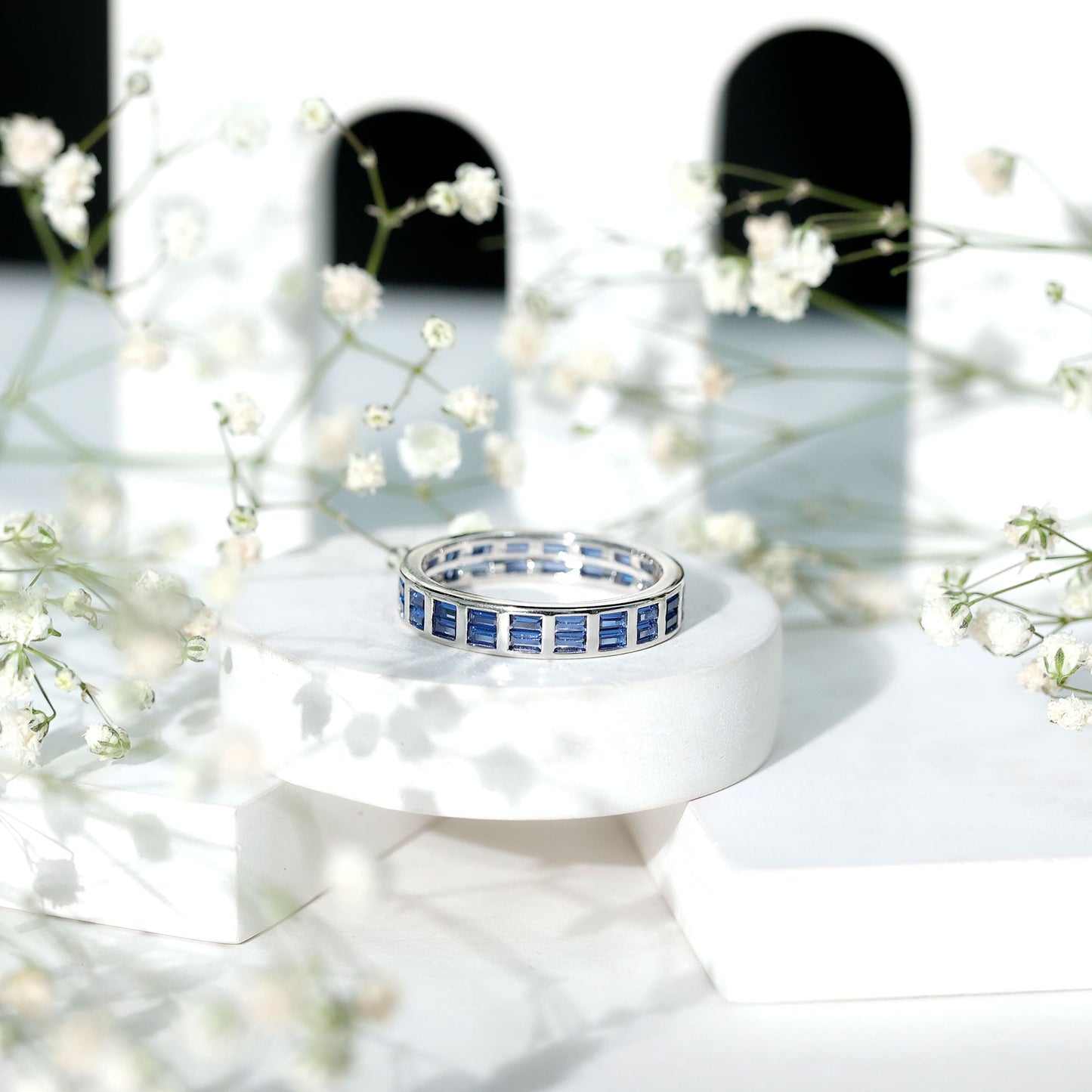 Baguette Cut Lab Created Blue Sapphire Double Row Wedding Band