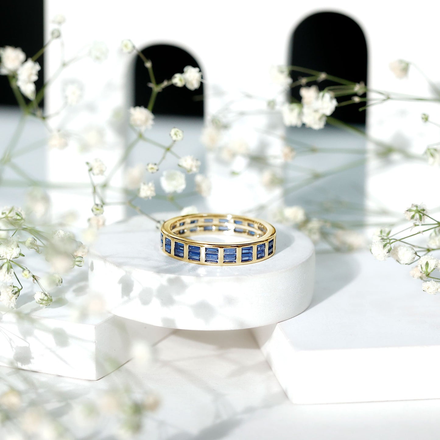 Baguette Cut Lab Created Blue Sapphire Double Row Wedding Band