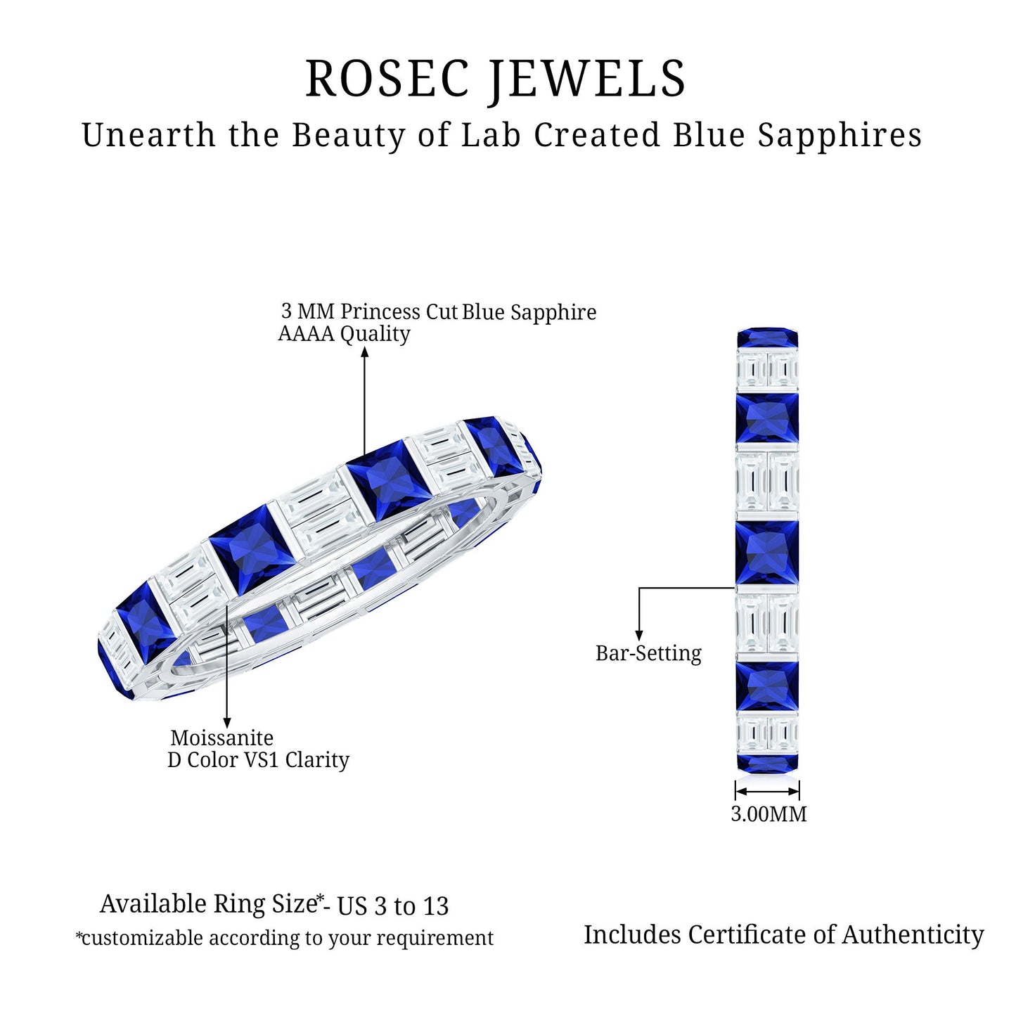 Certified Lab Grown Blue Sapphire Eternity Band Ring with Moissanite