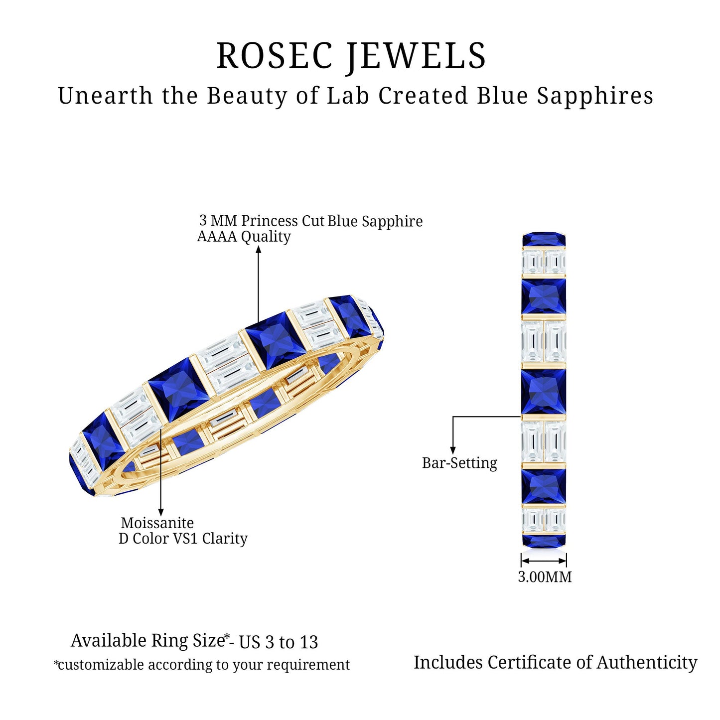 Certified Lab Grown Blue Sapphire Eternity Band Ring with Moissanite