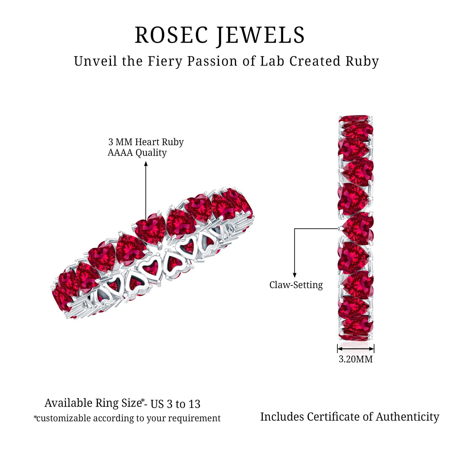 3 Carat Lab Created Ruby Heart Eternity Band Ring