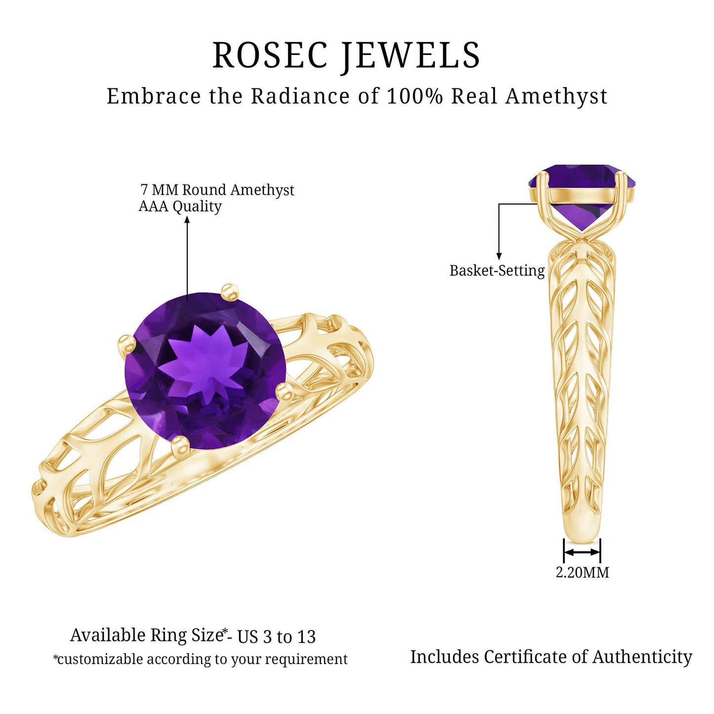 1.2 Carat Round Amethyst Solitaire Engagement Ring with Filigree Details