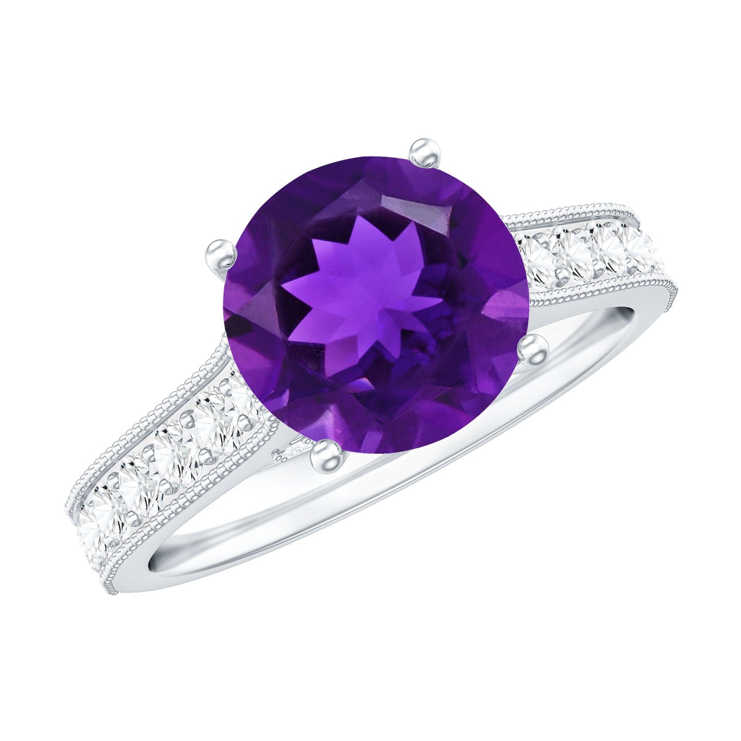 2.25 CT Round Amethyst Solitaire Engagement Ring with Moissanite Accents