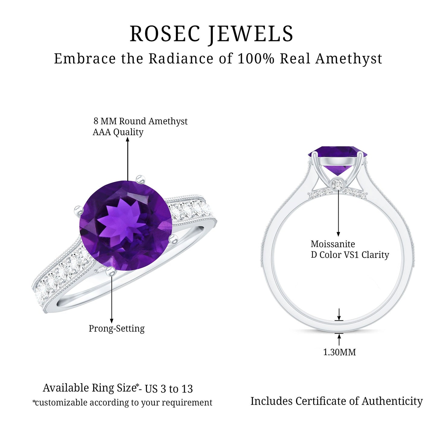 2.25 CT Round Amethyst Solitaire Engagement Ring with Moissanite Accents