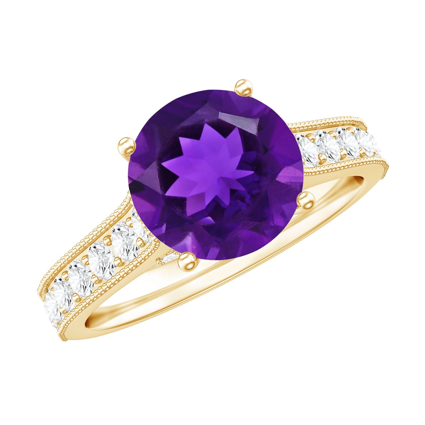 2.25 CT Round Amethyst Solitaire Engagement Ring with Moissanite Accents