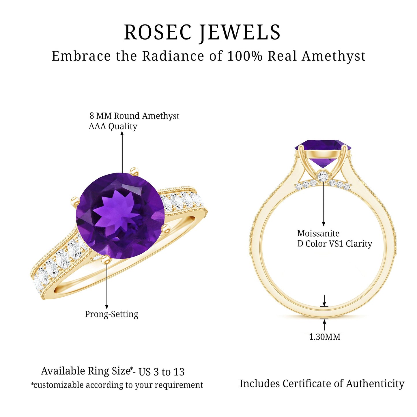 2.25 CT Round Amethyst Solitaire Engagement Ring with Moissanite Accents