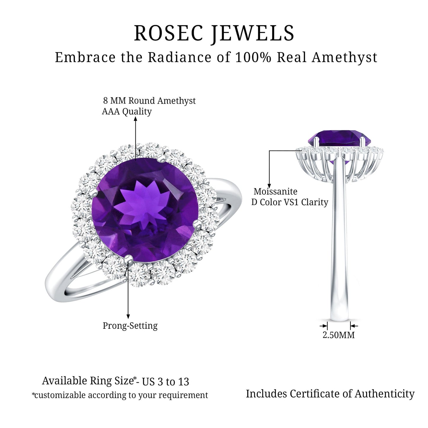 2.25 CT Amethyst Engagement Ring with Moissanite Halo