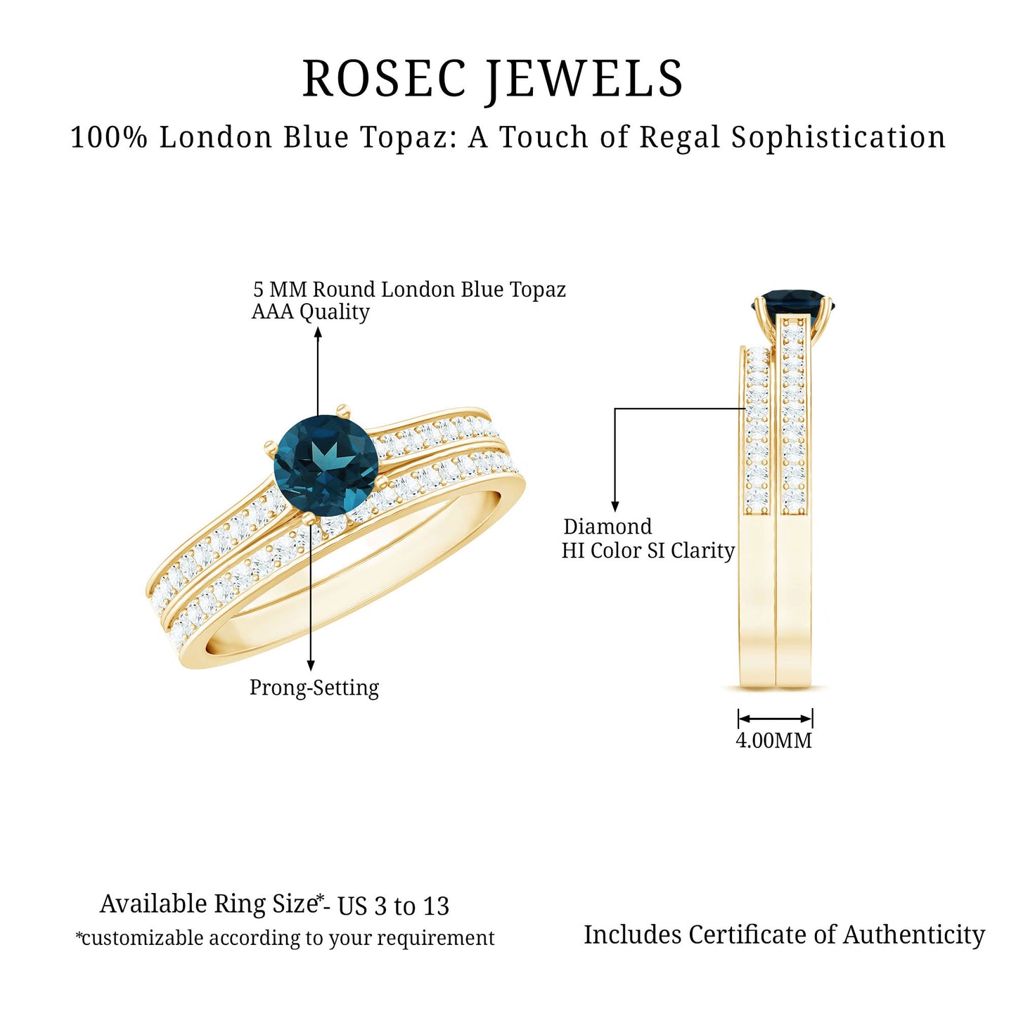 5mm London Blue Topaz Classic Engagement Ring with Diamond Wedding band
