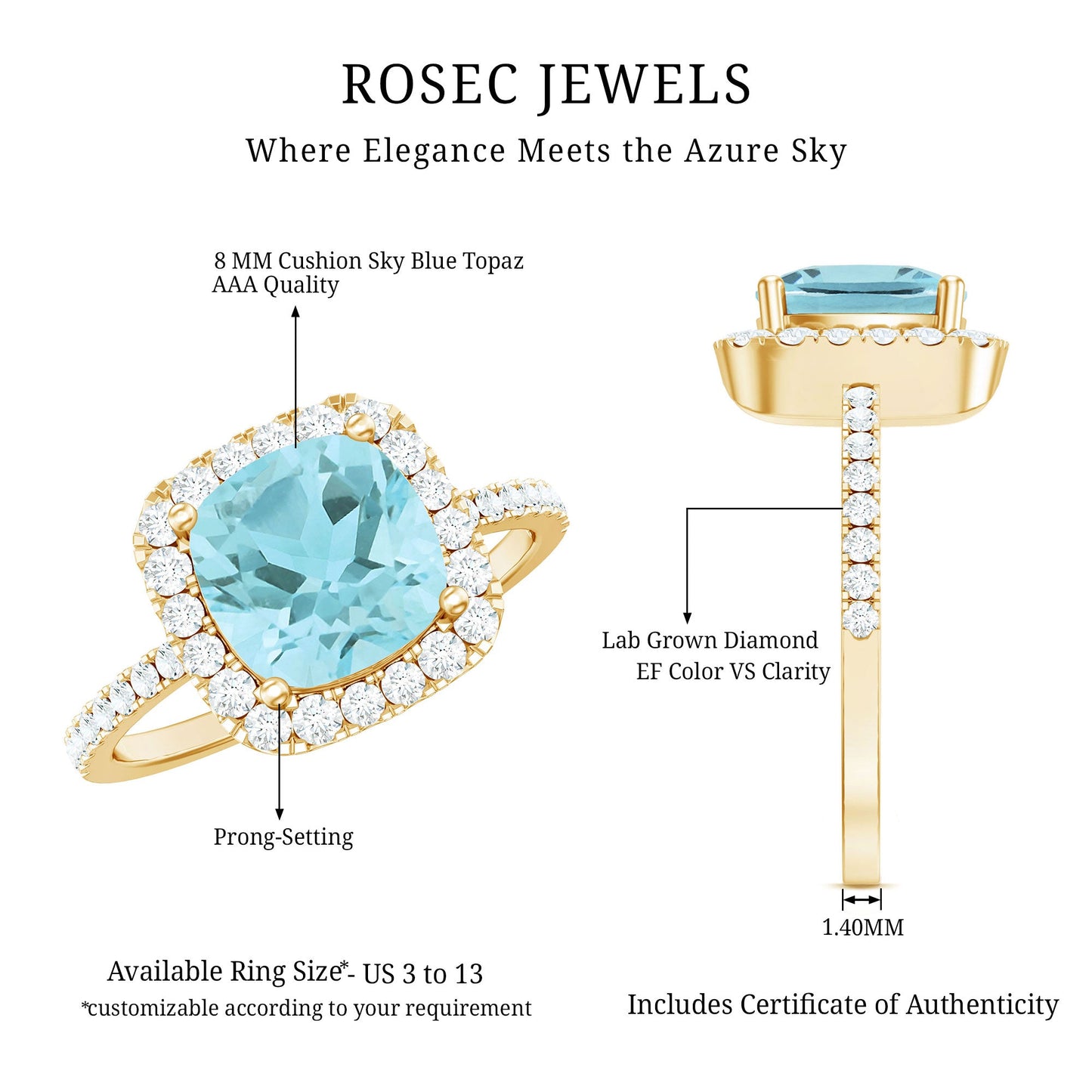 2 Carat Cushion Cut Sky Blue Topaz and Diamond Engagement Ring