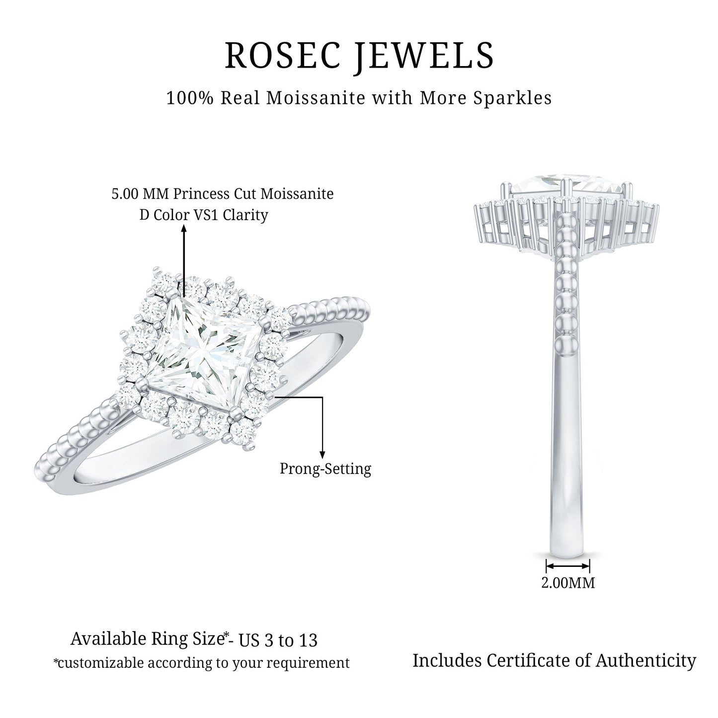 5 mm Princess Cut Moissanite Vintage Inspired Ring