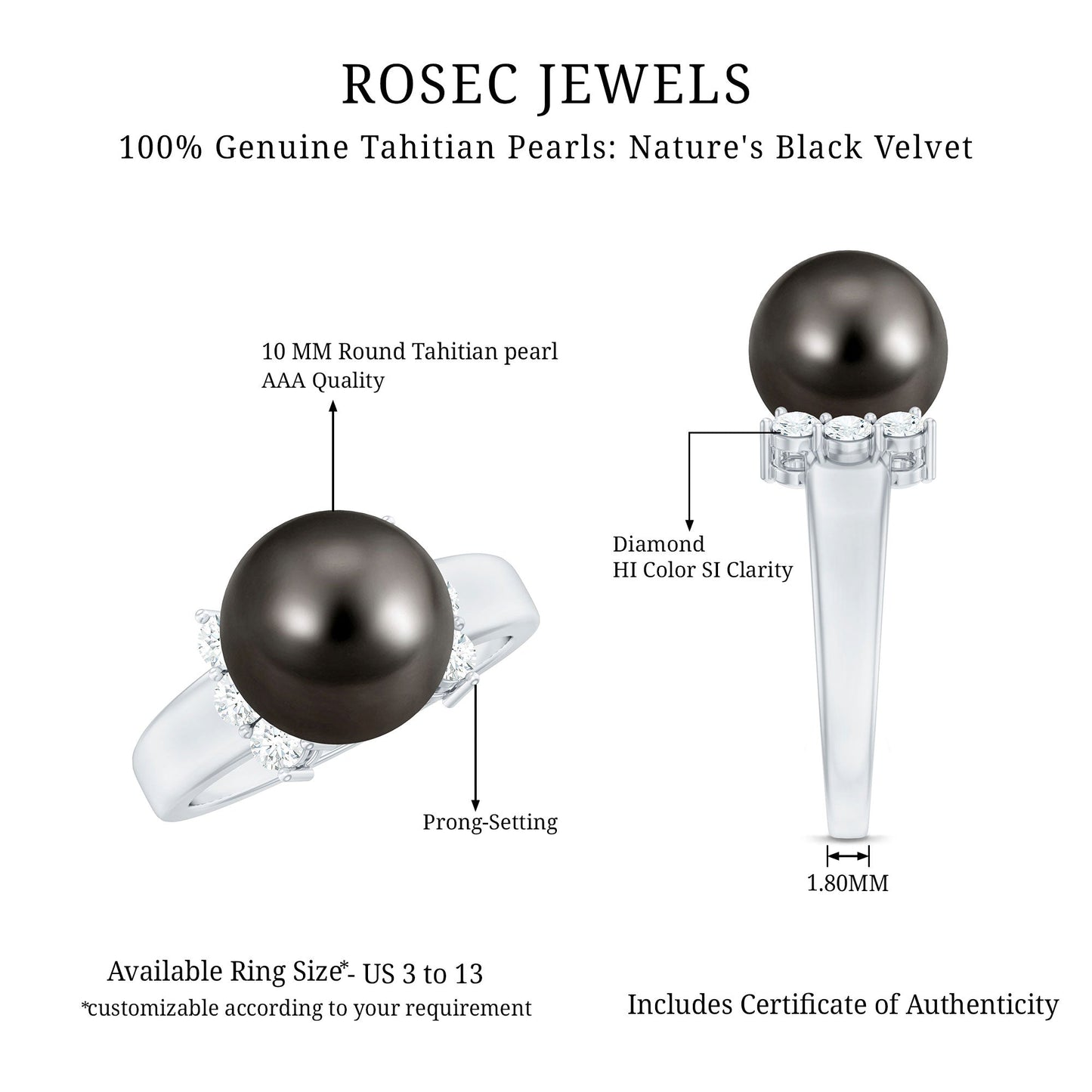 7.50 Carat Real Tahitian Black Pearl Solitaire Engagement Ring