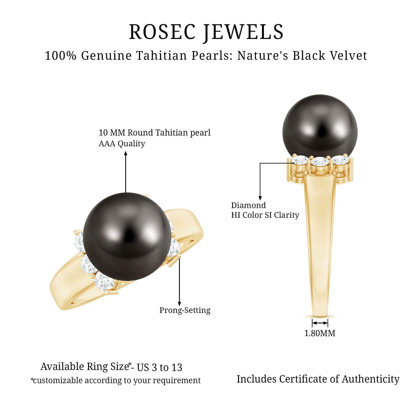 7.50 Carat Real Tahitian Black Pearl Solitaire Engagement Ring