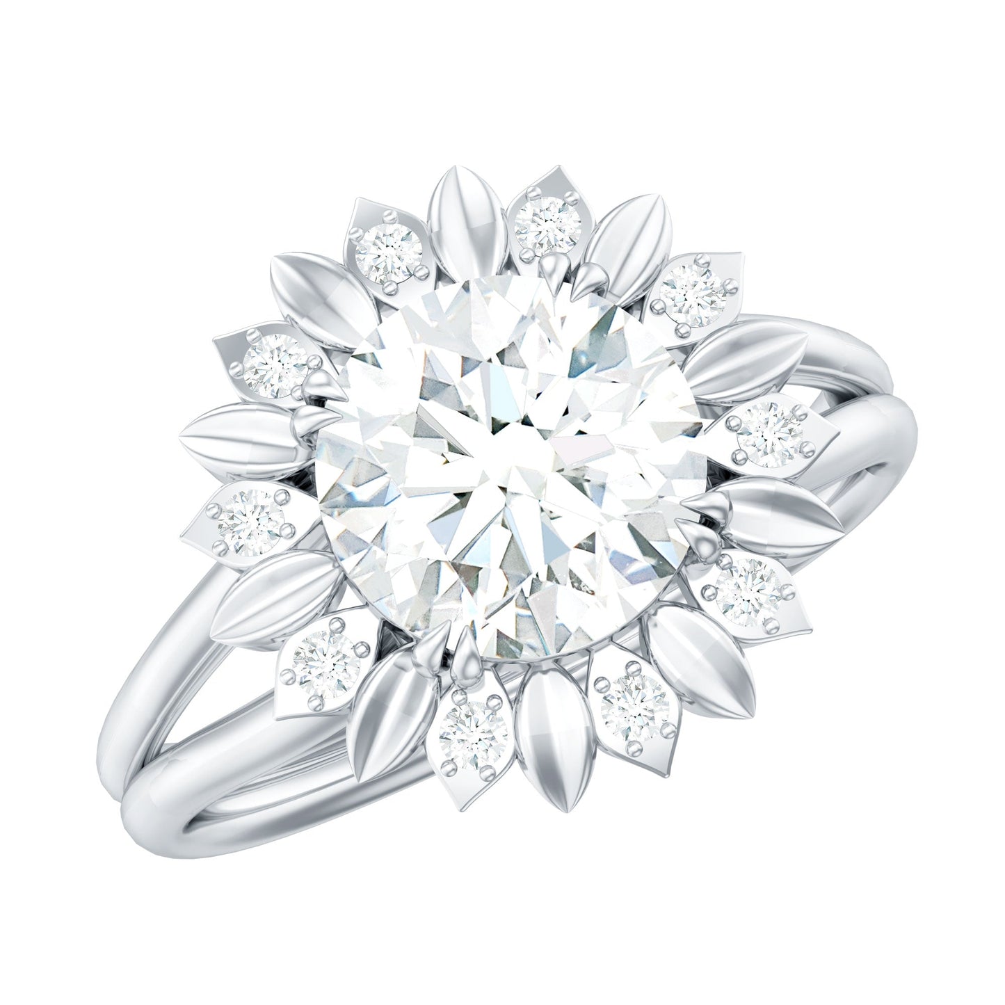 Round Cut Solitaire Zircon Gold Flower Engagement Ring in Split Shank