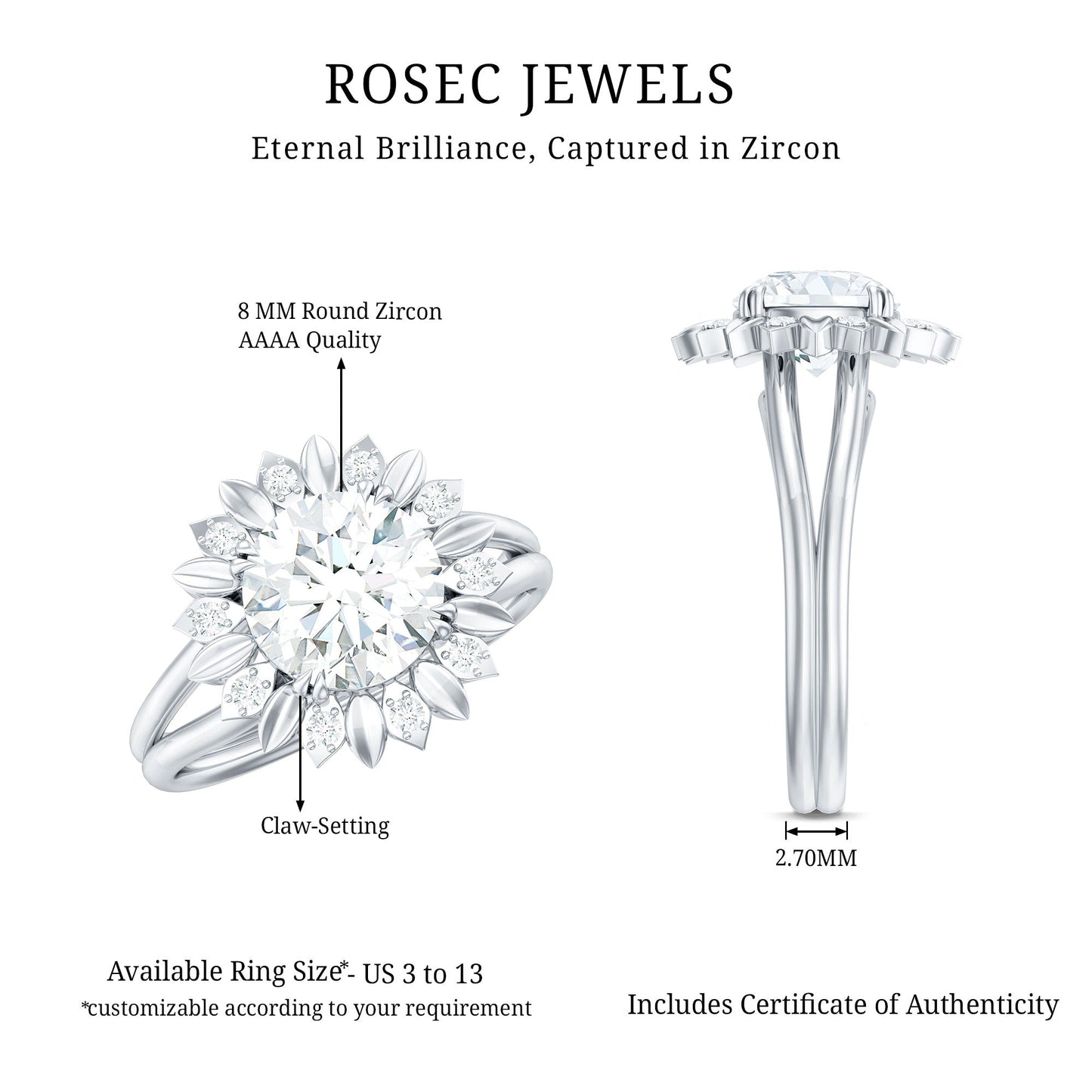 Round Cut Solitaire Zircon Gold Flower Engagement Ring in Split Shank