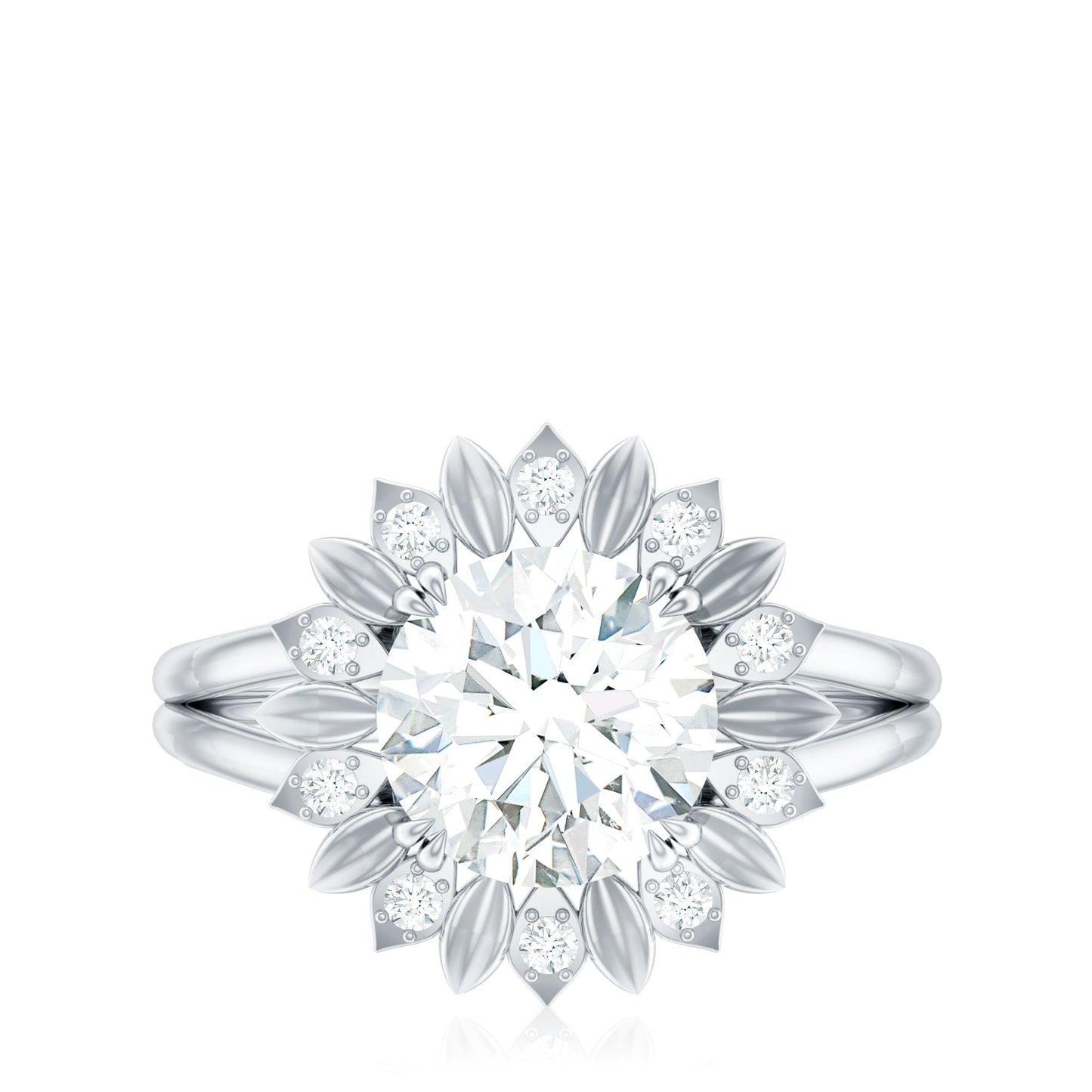 Round Cut Solitaire Zircon Gold Flower Engagement Ring in Split Shank