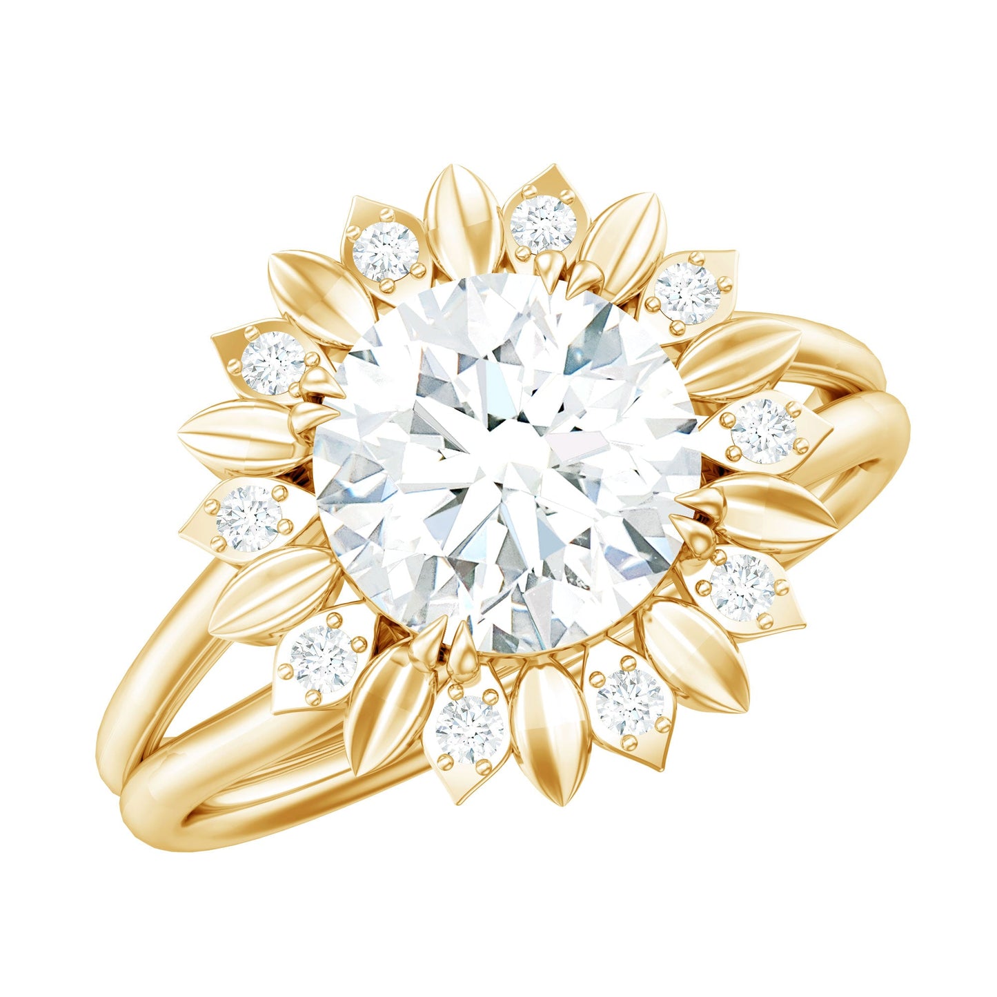 Round Cut Solitaire Zircon Gold Flower Engagement Ring in Split Shank