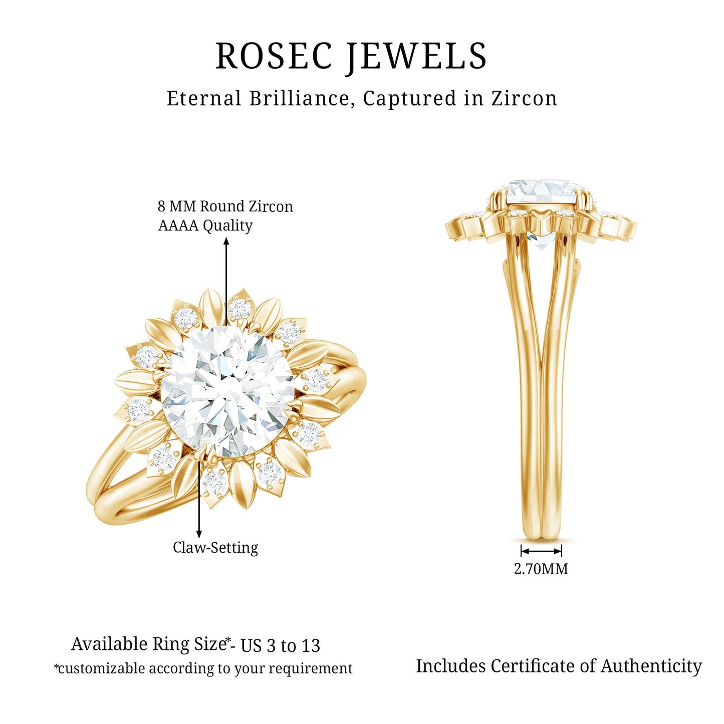 Round Cut Solitaire Zircon Gold Flower Engagement Ring in Split Shank