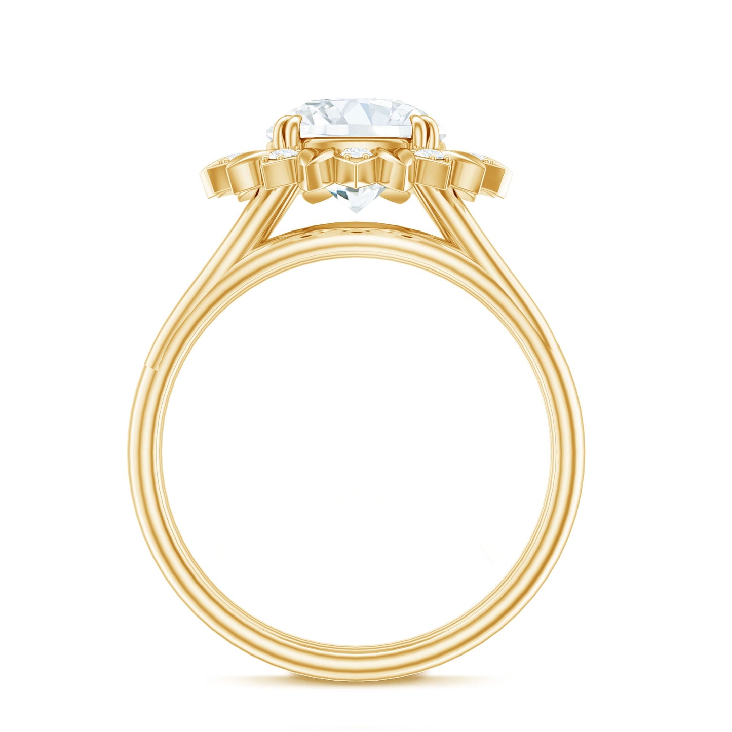 Round Cut Solitaire Zircon Gold Flower Engagement Ring in Split Shank
