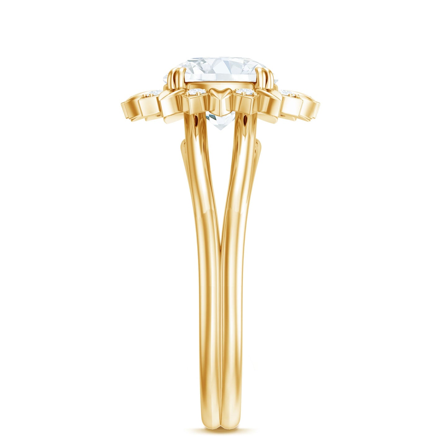 Round Cut Solitaire Zircon Gold Flower Engagement Ring in Split Shank