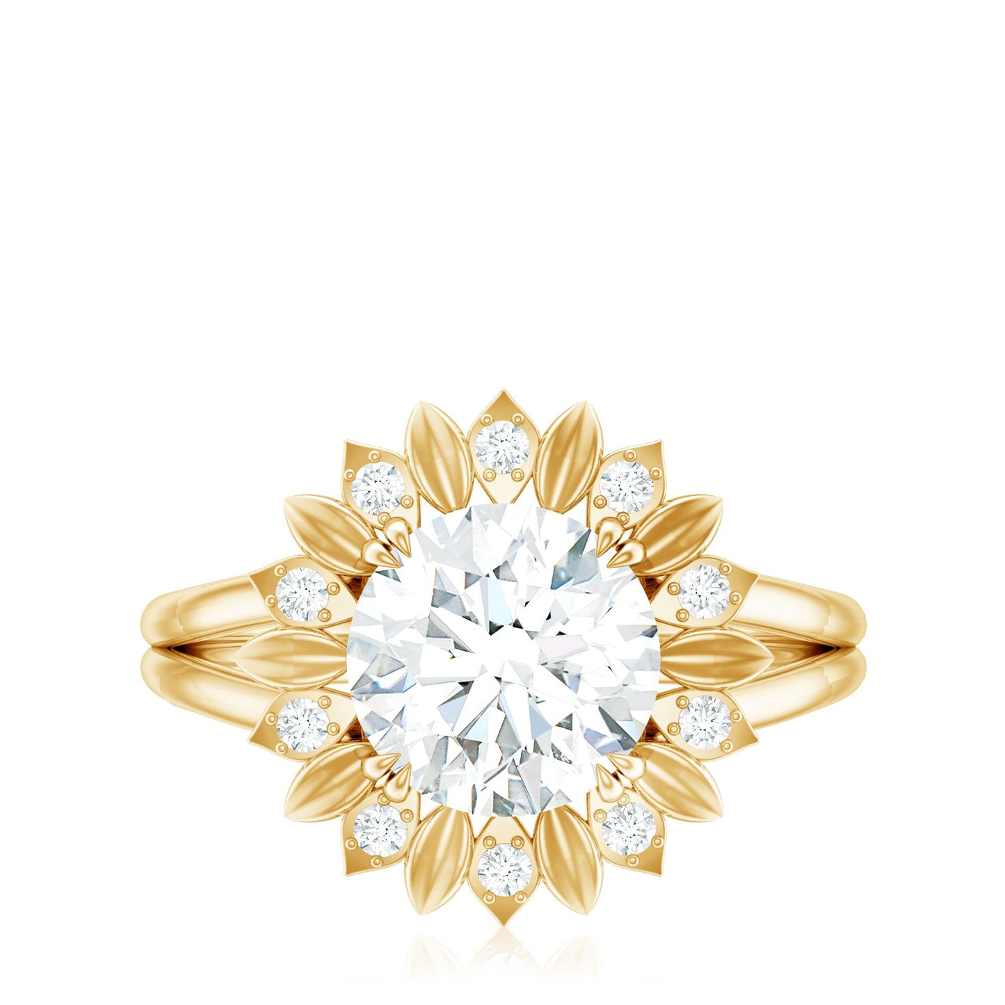 Round Cut Solitaire Zircon Gold Flower Engagement Ring in Split Shank