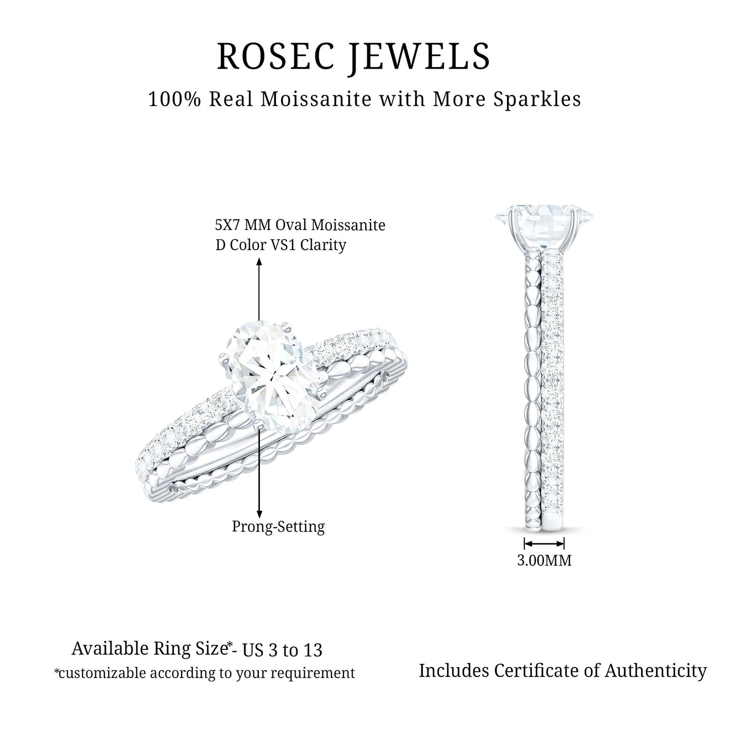 5x7mm Solitaire Moissanite Oblong Engagement Ring