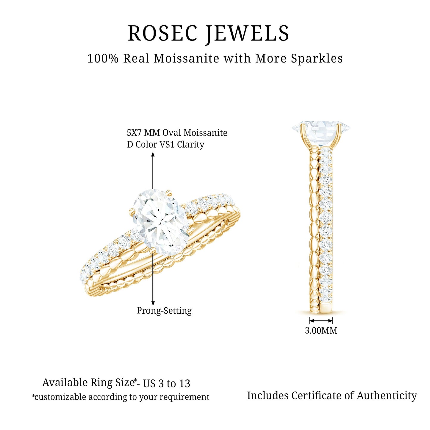 5x7mm Solitaire Moissanite Oblong Engagement Ring