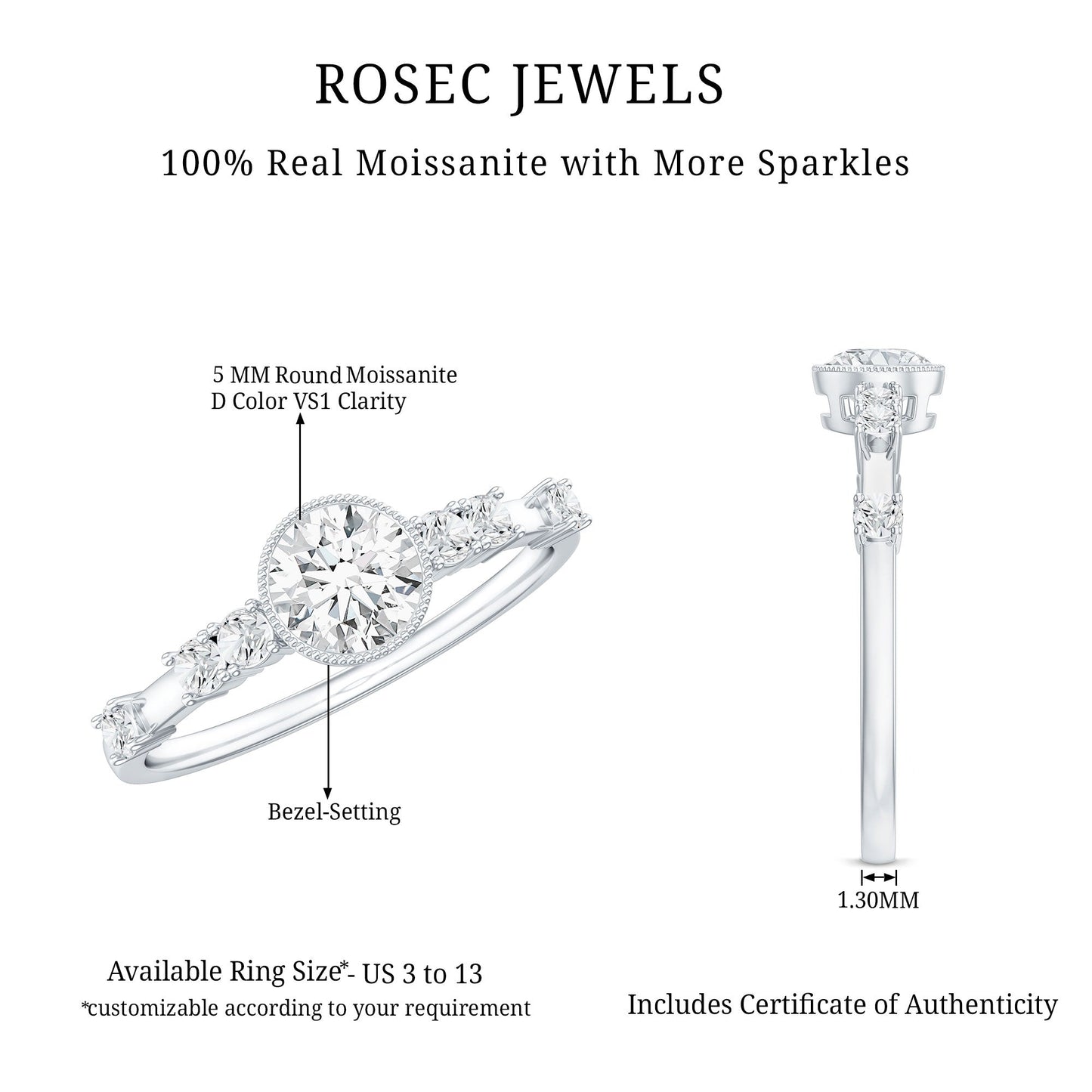 5mm Round Certified Moissanite Solitaire Engagement Ring in Bezel Setting