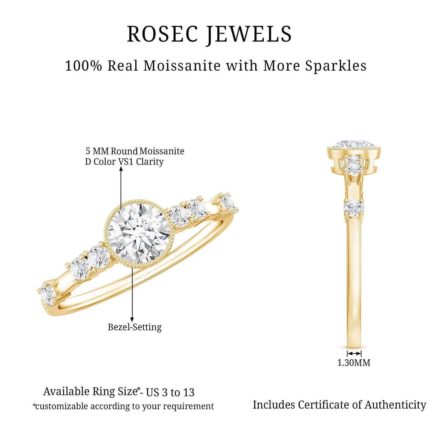 5mm Round Certified Moissanite Solitaire Engagement Ring in Bezel Setting