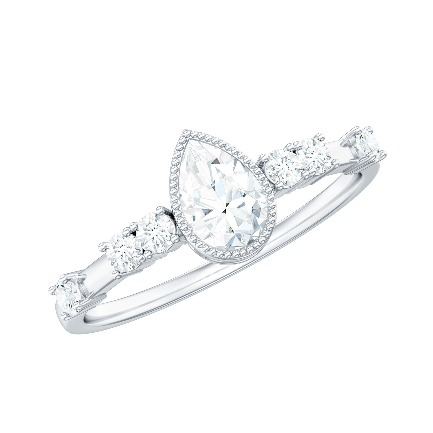 5X7mm Pear Cut Moissanite Solitaire Engagement Ring with Beaded Details