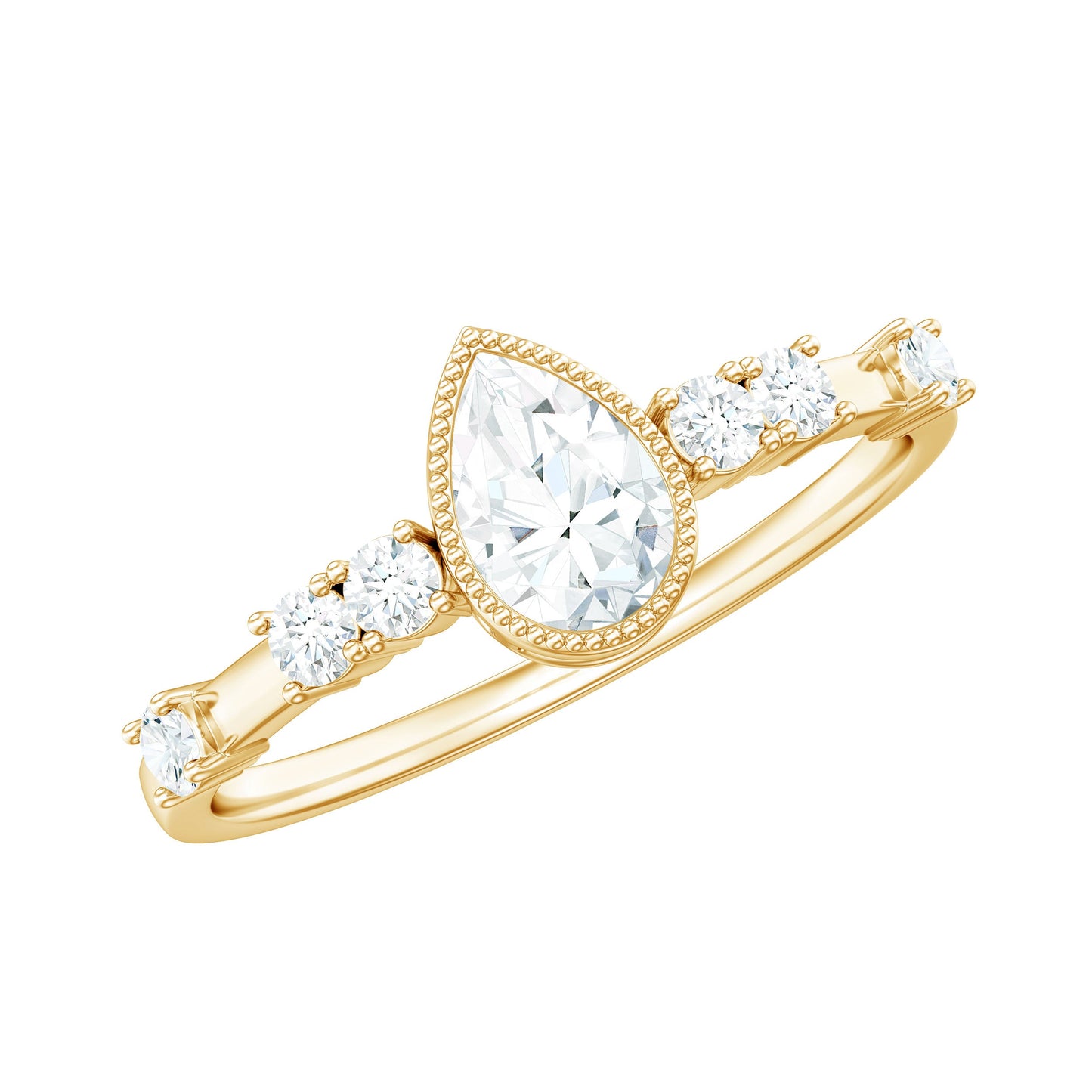 5X7mm Pear Cut Moissanite Solitaire Engagement Ring with Beaded Details