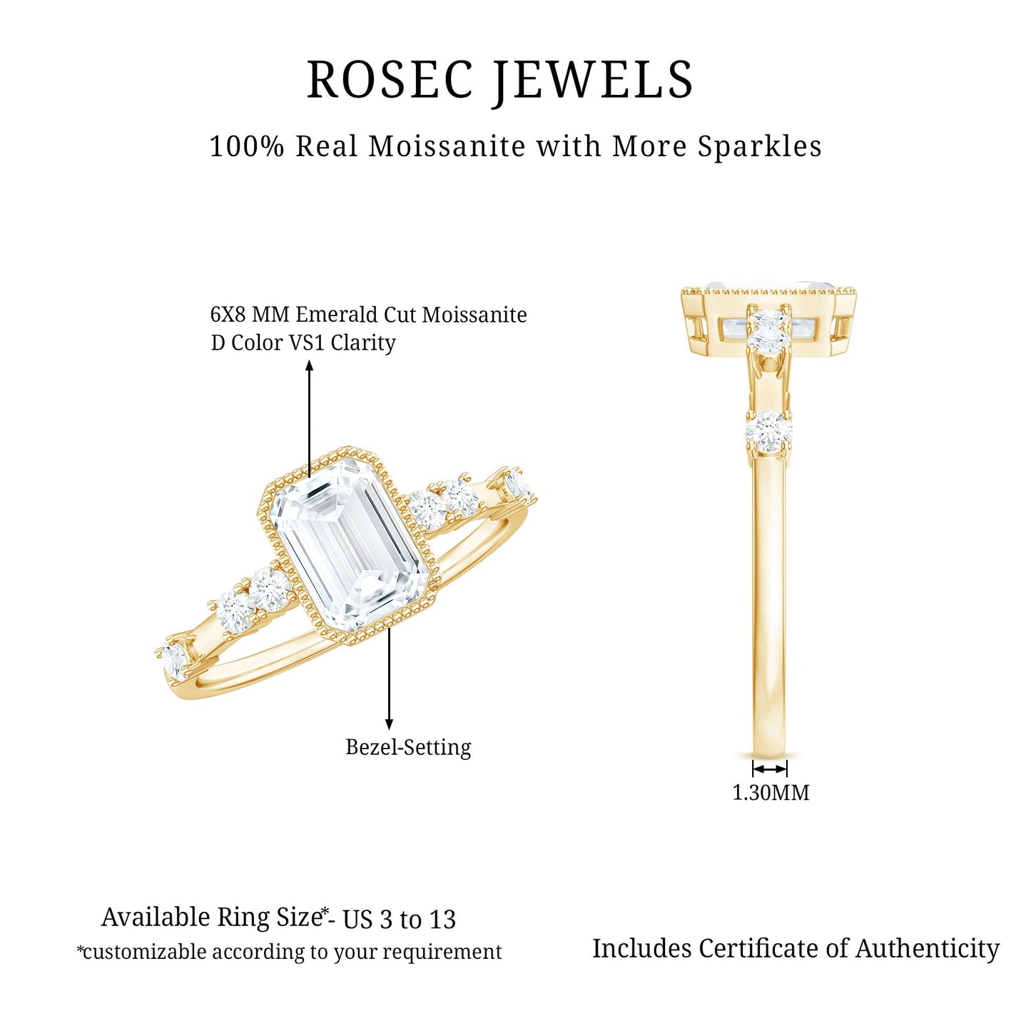 Womens Moissanite 6X8 mm Emerald Cut Engagement Ring in Bezel Setting