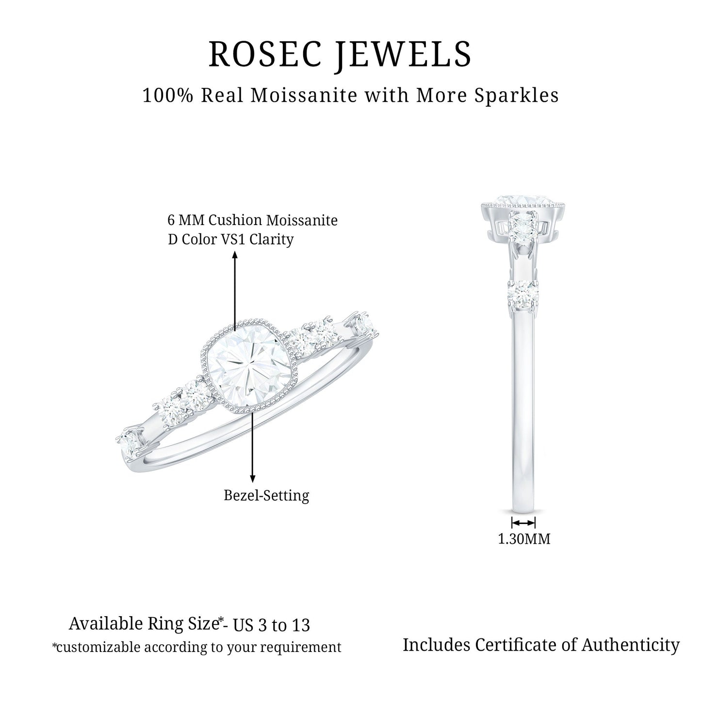 6mm Cushion Cut Moissanite Solitaire Engagement Ring in Bezel Setting