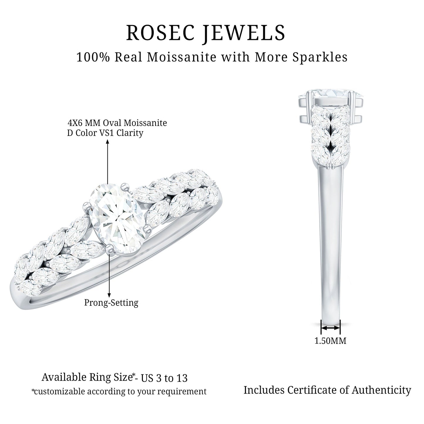 4x6mm Oval Cut Certified Moissanite Engagement Split Shank Ring