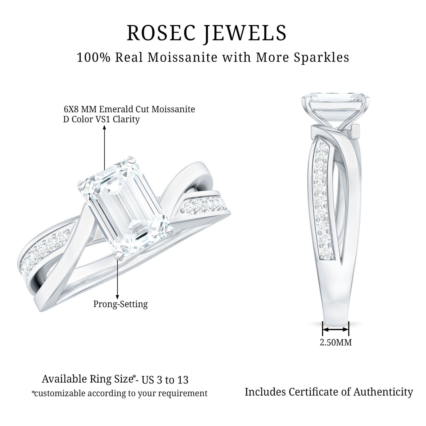 6X8mm Emerald Cut Moissanite Infinity Engagement Ring