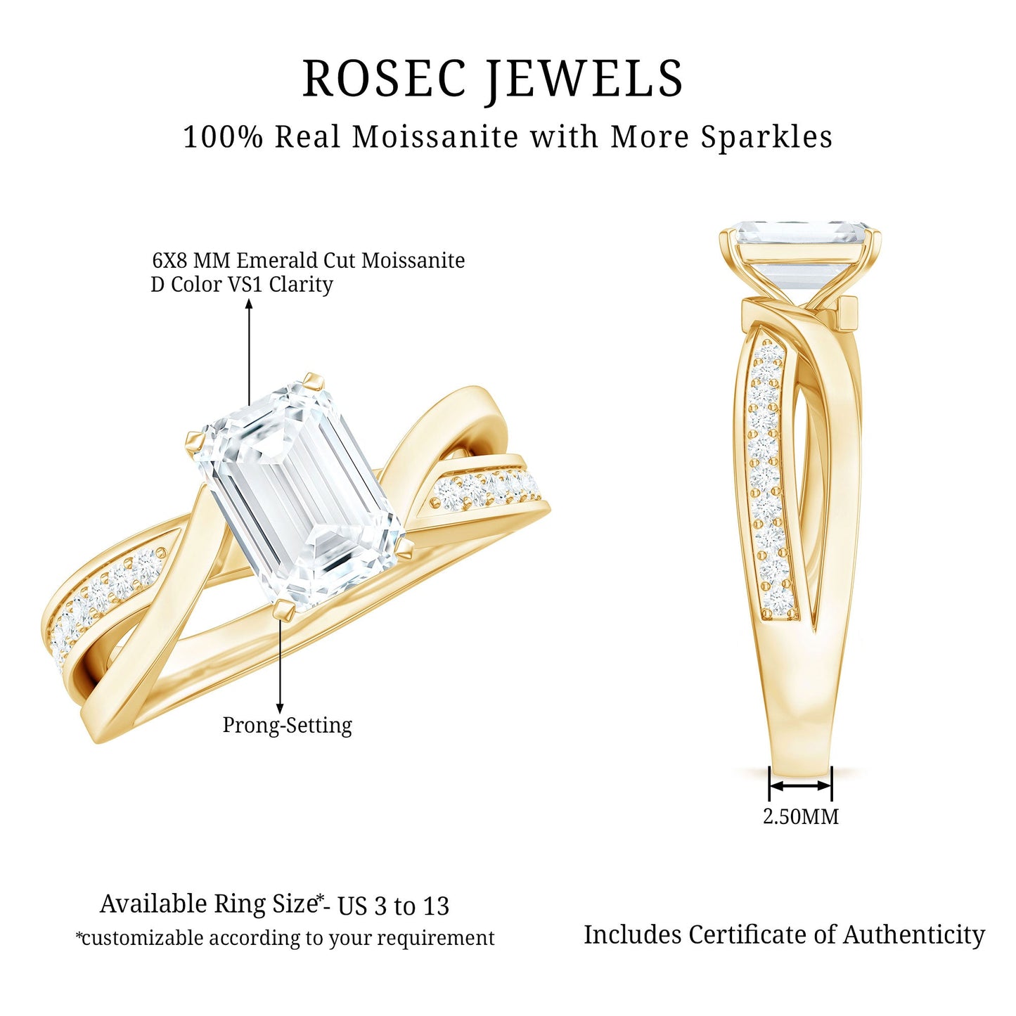 6X8mm Emerald Cut Moissanite Infinity Engagement Ring