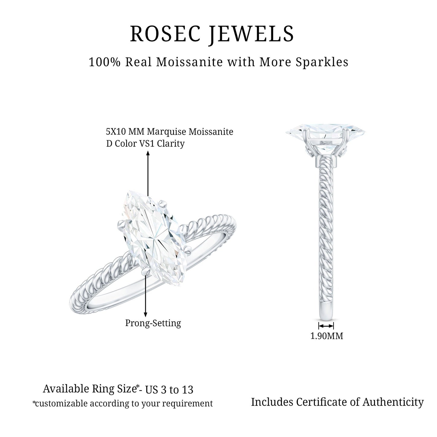 5X10mm Marquise Cut Moissanite Solitaire Engagement Ring with Twisted Rope Shank