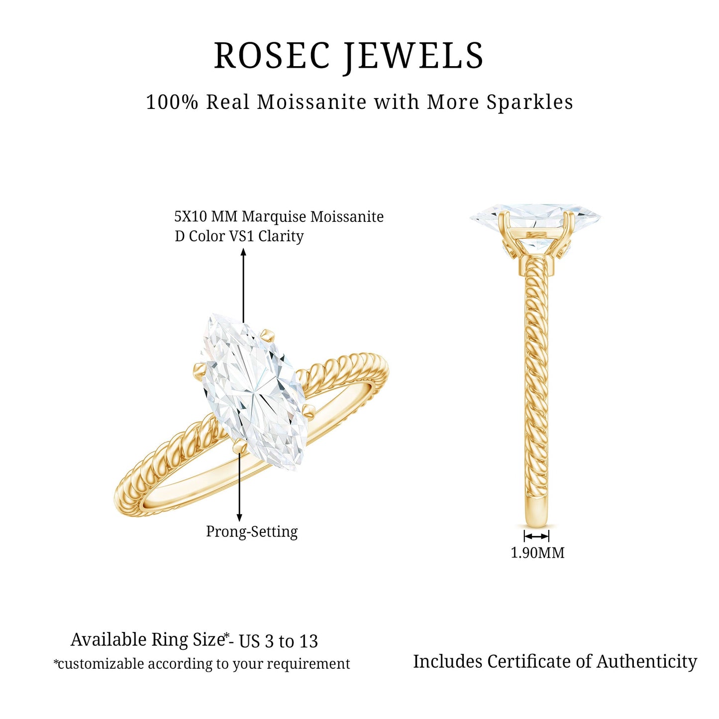 5X10mm Marquise Cut Moissanite Solitaire Engagement Ring with Twisted Rope Shank